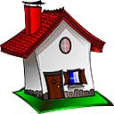 Figura e desenho de casinha brnca com telhado vermelho em gramado verde
